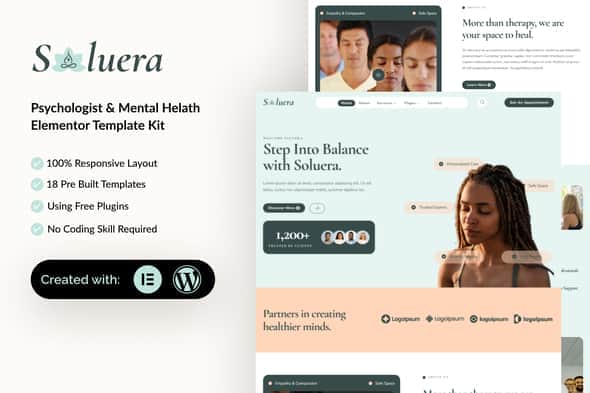 Soluera - Psychologist & Mental Health Elementor Template Kit